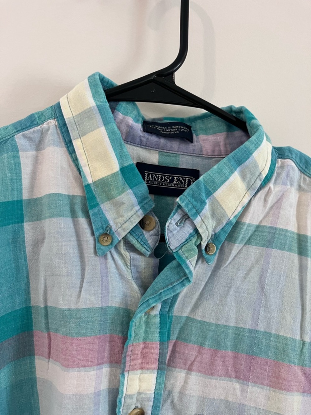 Lands End Vintage Mens Short Sleeve Plaid Button Up Shirt Cotton Made In USA L
